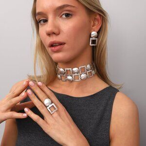 Antique Silver Plated Symbol Necklace, Free Size Ring and Earrings jewelry Set